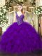 Comfortable Purple Vestidos de Quinceanera Military Ball and Sweet 16 and Quinceanera with Beading and Ruffles V-neck Sleeveless Lace Up