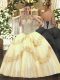 Pretty Sleeveless Tulle Floor Length Lace Up Quinceanera Gowns in Gold with Beading and Appliques