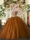 Glorious Sleeveless Tulle Floor Length Lace Up Sweet 16 Quinceanera Dress in Rust Red with Beading