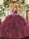 Gorgeous Straps Sleeveless 15 Quinceanera Dress Floor Length Beading and Ruffles Burgundy Organza