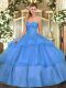 New Style Baby Blue Tulle Lace Up Sweetheart Sleeveless Floor Length Vestidos de Quinceanera Beading and Ruffled Layers