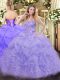 Lavender Organza Lace Up Quinceanera Gown Sleeveless Floor Length Appliques and Ruffles