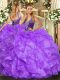 Stylish Straps Sleeveless 15th Birthday Dress Floor Length Beading and Ruffles Lavender Organza