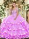 Sexy Floor Length Lace Up Quinceanera Gown Lilac for Military Ball and Sweet 16 and Quinceanera with Appliques and Ruffled Layers