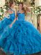 Elegant Sleeveless Floor Length Ruffles Lace Up 15th Birthday Dress with Blue