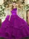 Purple Sleeveless Tulle Lace Up Quinceanera Gown for Military Ball and Sweet 16 and Quinceanera