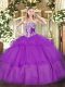 Modest Floor Length Purple 15 Quinceanera Dress Tulle Sleeveless Beading and Ruffled Layers