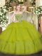 Olive Green Ball Gowns Beading and Ruffled Layers Quinceanera Dresses Lace Up Tulle Sleeveless Floor Length