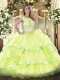 Noble Sleeveless Organza Floor Length Lace Up Sweet 16 Dress in Yellow Green with Beading and Ruffled Layers