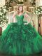 Classical Organza V-neck Sleeveless Lace Up Beading and Ruffles Sweet 16 Dress in Green