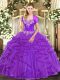 Low Price Tulle Sweetheart Sleeveless Lace Up Beading and Ruffles Ball Gown Prom Dress in Purple