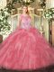 Custom Designed Sleeveless Organza Zipper Quince Ball Gowns in Rose Pink with Beading and Ruffles