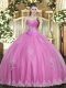 Customized Floor Length Rose Pink Quinceanera Gown Sweetheart Sleeveless Lace Up