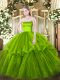 Pretty Tulle Strapless Sleeveless Brush Train Zipper Ruffled Layers 15th Birthday Dress in Olive Green