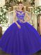 Royal Blue Scoop Lace Up Beading and Appliques Quinceanera Gowns Cap Sleeves