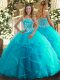 On Sale Aqua Blue Tulle Lace Up Strapless Sleeveless Floor Length Sweet 16 Dress Beading and Ruffles