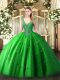 Vintage Green Tulle Lace Up V-neck Sleeveless Floor Length Sweet 16 Quinceanera Dress Beading and Appliques