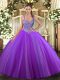 V-neck Sleeveless Lace Up Quinceanera Gowns Purple Tulle