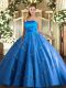 Popular Blue Ball Gowns Strapless Sleeveless Tulle Floor Length Lace Up Appliques Sweet 16 Quinceanera Dress
