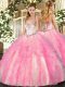 High End Rose Pink 15 Quinceanera Dress Military Ball and Sweet 16 and Quinceanera with Beading and Ruffles Sweetheart Sleeveless Lace Up