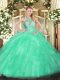 Decent Apple Green 15th Birthday Dress Military Ball and Sweet 16 and Quinceanera with Beading and Ruffles Halter Top Sleeveless Lace Up