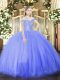 Glittering Blue Lace Up Off The Shoulder Beading Ball Gown Prom Dress Tulle Sleeveless