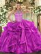 Suitable Fuchsia Sleeveless Floor Length Beading and Embroidery and Ruffles Lace Up Sweet 16 Quinceanera Dress
