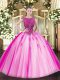 Fuchsia Ball Gowns Tulle Scoop Cap Sleeves Beading and Appliques Floor Length Lace Up Quinceanera Dresses