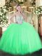 Simple Floor Length Apple Green Quinceanera Gown Tulle Sleeveless Beading