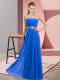 Floor Length Blue Dress for Prom Strapless Sleeveless Lace Up