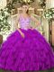 Fuchsia Straps Neckline Beading and Appliques and Ruffles 15th Birthday Dress Sleeveless Lace Up