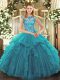 Chic Teal Cap Sleeves Ruffles Quince Ball Gowns