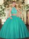 Gorgeous Turquoise Criss Cross Halter Top Beading Quinceanera Dresses Tulle Sleeveless