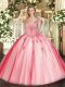 Modest Sleeveless Floor Length Beading Lace Up 15 Quinceanera Dress with Coral Red
