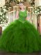Floor Length Zipper 15 Quinceanera Dress Green for Military Ball and Sweet 16 and Quinceanera with Beading and Ruffles