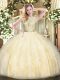 Affordable Light Yellow Ball Gowns Organza Scoop Sleeveless Lace and Ruffles Floor Length Backless Sweet 16 Dresses
