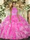 Fashion Sleeveless Organza Floor Length Backless Quinceanera Dresses in Rose Pink with Beading and Ruffles