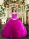 Wonderful Fuchsia Lace Up Straps Appliques and Ruffles Kids Pageant Dress Tulle Sleeveless
