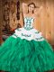Strapless Sleeveless 15th Birthday Dress Floor Length Embroidery and Ruffles Turquoise Satin and Organza