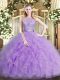 Popular Sleeveless Tulle Floor Length Backless Quinceanera Gowns in Lavender with Beading and Ruffles