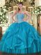 Baby Blue Sleeveless Floor Length Beading and Ruffles Lace Up Quinceanera Gown