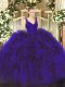 V-neck Sleeveless Quinceanera Gown Floor Length Beading and Lace and Ruffles Purple Organza