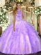 Simple Lavender 15 Quinceanera Dress Military Ball and Sweet 16 and Quinceanera with Beading and Ruffles Halter Top Sleeveless Backless
