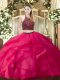 Noble Floor Length Hot Pink 15th Birthday Dress Halter Top Sleeveless Zipper