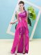 Fuchsia A-line One Shoulder Sleeveless Elastic Woven Satin and Sequined High Low Lace Up Beading and Sequins Prom Dress