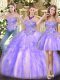 On Sale Lavender Three Pieces Sweetheart Sleeveless Organza Floor Length Zipper Appliques and Ruffles Ball Gown Prom Dress