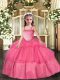 Fancy Hot Pink Lace Up Straps Appliques and Ruffled Layers Pageant Dress for Girls Organza Sleeveless