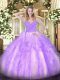 Artistic Lavender Quinceanera Gown Military Ball and Sweet 16 and Quinceanera with Ruffles Spaghetti Straps Sleeveless Zipper
