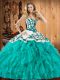 Sweet Sweetheart Sleeveless Quinceanera Dress Floor Length Embroidery and Ruffles Turquoise Satin and Organza