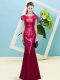Suitable Red Mermaid Sequined Scoop Cap Sleeves Sequins Floor Length Zipper Prom Dresses